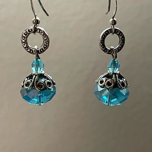 Sky Blue Faceted Bead Ball Drop Dangle Earrings Silver Tone 1.25”